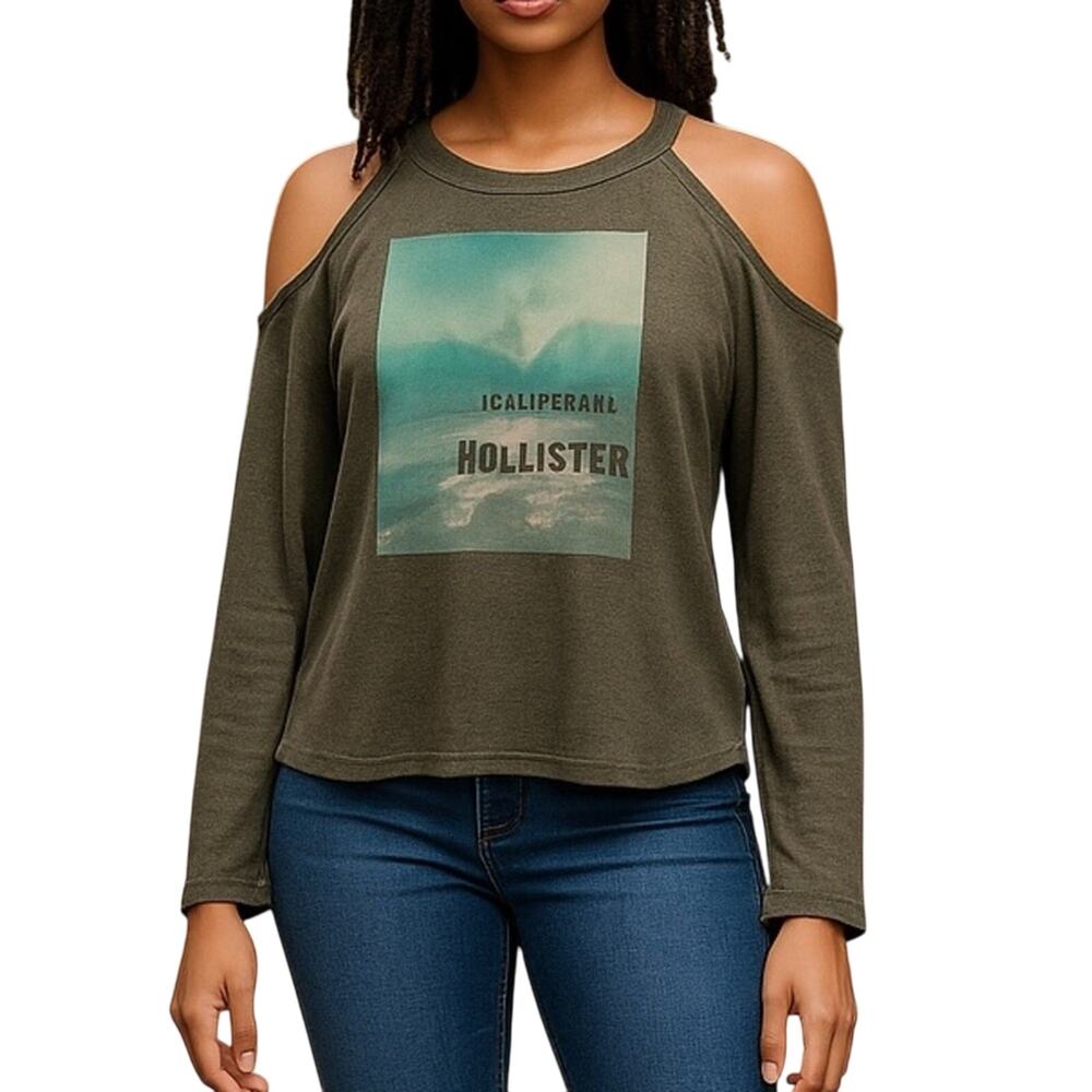 Hollister Cold Shoulder Graphic Sweatshirt Medium Gray Blue California Crew Neck
